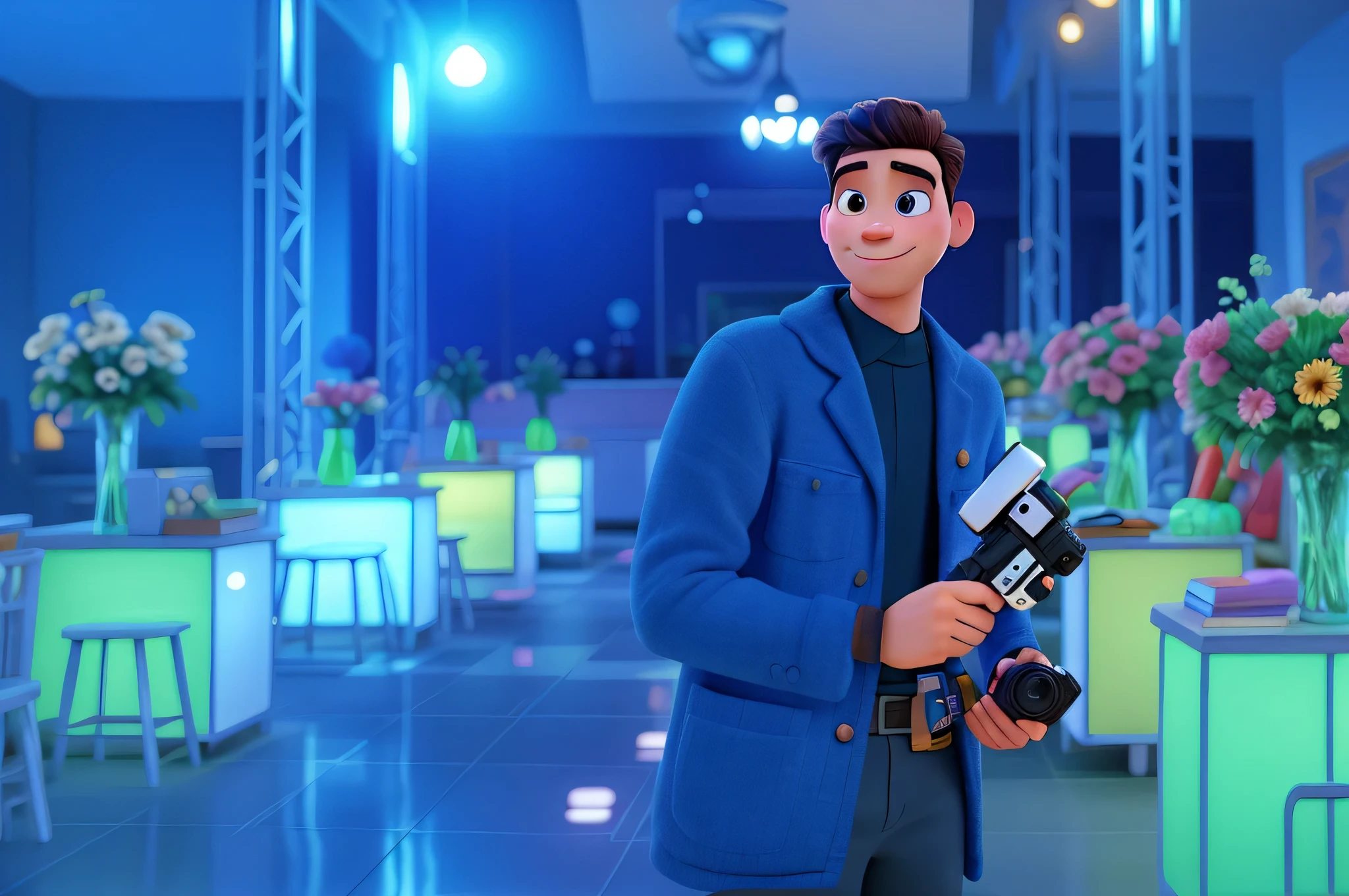 a man with a camera in his hand disney pixar style, alta qualidade, melhor qualidade