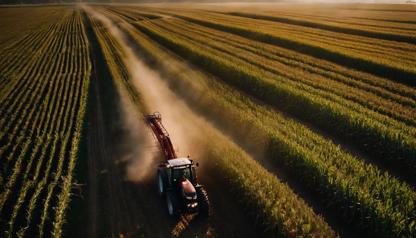 a high-angle shot of a tractor or farm equipment moving through a cornfield during the harvesting process, capturing the dynamic and industrious nature of agriculture