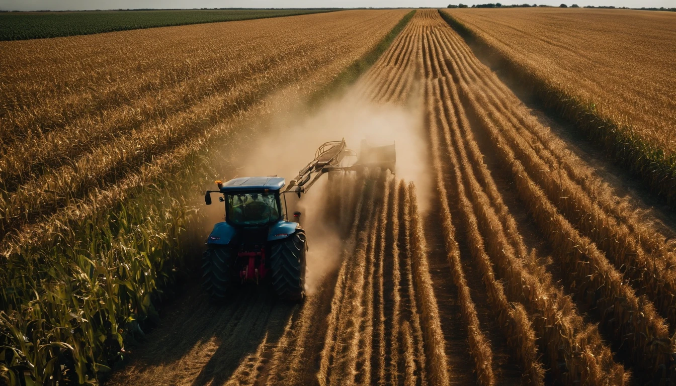 a high-angle shot of a tractor or farm equipment moving through a cornfield during the harvesting process, capturing the dynamic and industrious nature of agriculture