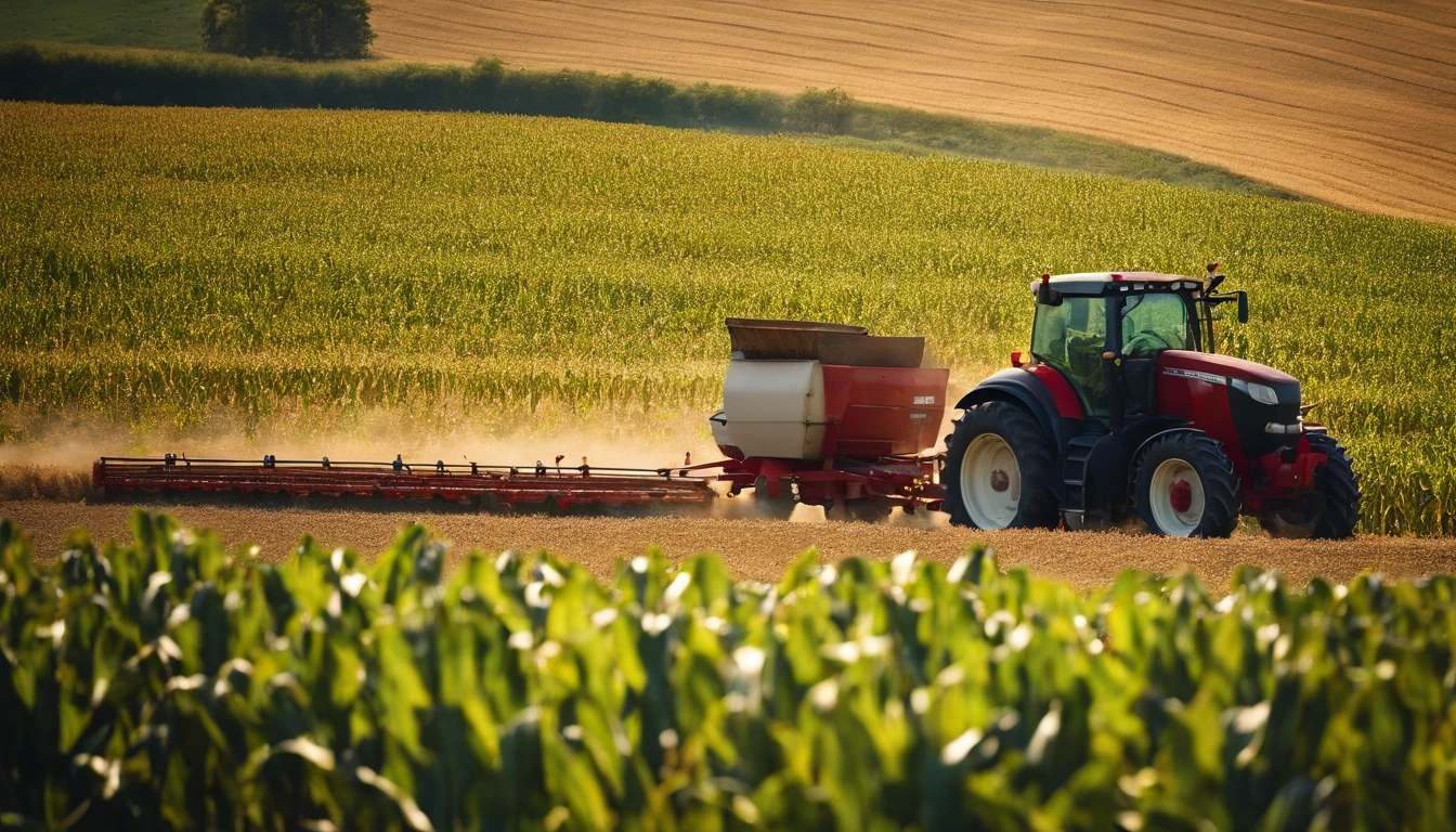 a high-angle shot of a tractor or farm equipment moving through a cornfield during the harvesting process, capturing the dynamic and industrious nature of agriculture