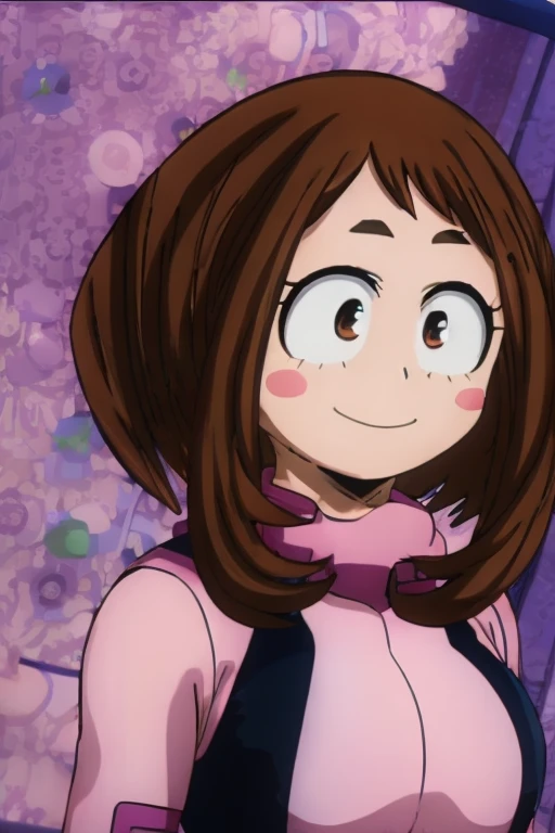 (Ochaco uraraka),(is a short girl with a curvy figure, fair skin and curly hair with eyes that match in color. She has perpetual pink blush on her cheeks, and her eyes are large and round with thick upper lashes, two more extended and more prominent on both sides and fewer, but more individually pronounced lower lashes. Her hair is shoulder-length with short bangs, and the style is balanced with two long strands framing her face),(Wearing),+,(a sexy bunny outfit that consisted of a larger black strapless one heart decots and showing feathers and super sexy and tight arms)