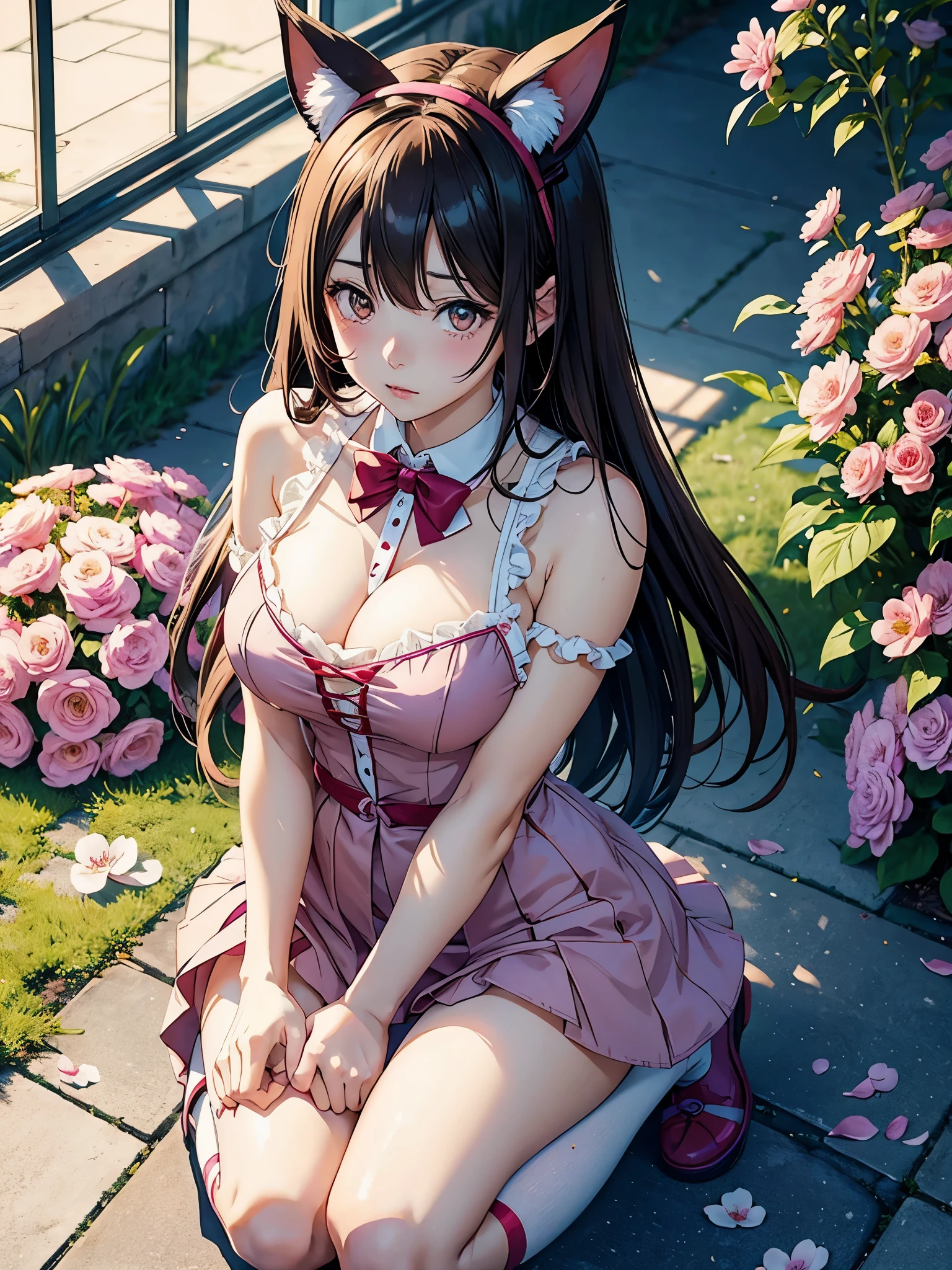 Anime Girl with bunny ears sitting on the floor with her legs crossed, seductive Anime Girl, anime moe art style, juri misaki, beautiful Anime Girl squatting, Bunny Girl, (Anime Girl), エッチアニメthe wind, the Anime Girl is crouching, Anime Girl with cat ears, Anime Girl, Beautiful captivating anime , attractive Anime Girl、Background surrounded by vintage petal motifs、the wind、Many bright flowers and petals、