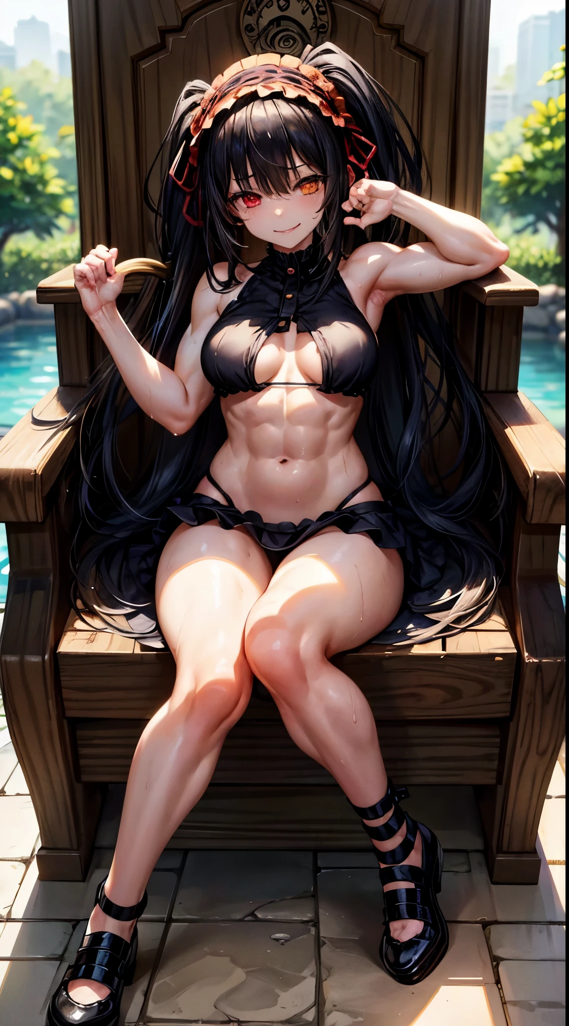 1 girl, bare shoulders, black hair, medium breasts, (muscular legs), white skin, muscular belly, wide hips, thin waist, (((clock eyes))), in the pool with the hot sun, (sitting on the chair with legs open showing him ), full body, hair band, (((all wet))), heterochromia, black high heel shoes, ****ta hair band, long hair, red eyes, mischievous smile, (Sly look ), only, symbol-shaped pupils, (Kurumi tokisaki), (Double tails), yellow eyes