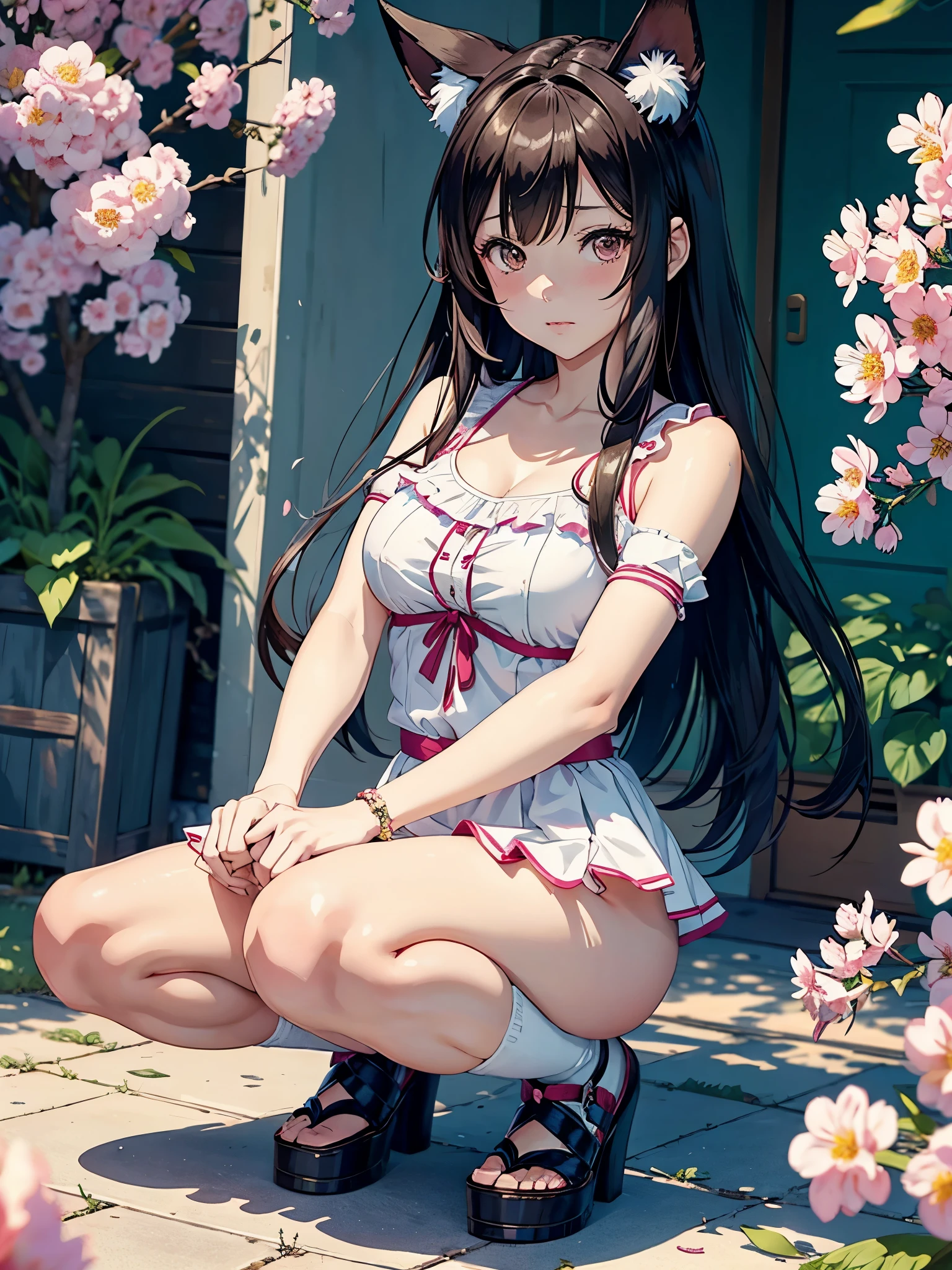 Anime Girl with bunny ears sitting on the floor with her legs crossed, seductive Anime Girl, anime moe art style, juri misaki, beautiful Anime Girl squatting, Bunny Girl, (Anime Girl), エッチアニメthe wind, the Anime Girl is crouching, Anime Girl with cat ears, Anime Girl, Beautiful captivating anime , attractive Anime Girl、Background surrounded by vintage petal motifs、the wind、Many bright flowers and petals、