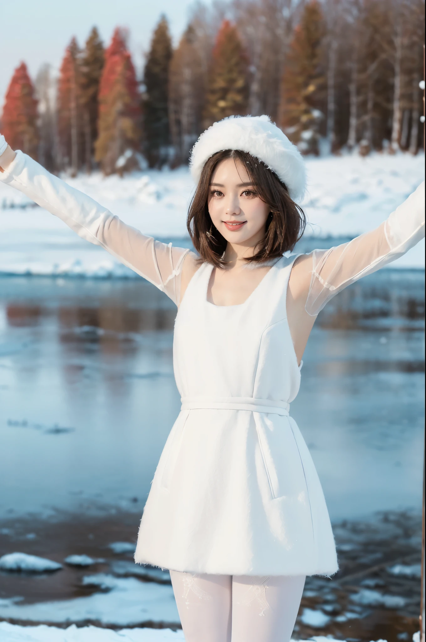 ((((8k))),((Extremely meticulous CG)) ,(wallpaper),16k,((Extremely refined and beautiful))，(((Masterpiece))),(((best qualtiy))),(((Ultra High Resolution))),beautiful light up,Perfect lightning,realistic shaded,[A high resolution],(Smooth and flawless fair skin:1.5),(pale skin:1.3),Extremely exquisite facial details,(perfect body：1.1),ultra - detailed,A beautiful girl,solo,small head,(shoulder length straight bob hair:1.1),(Hair fluttering:1.1),(Red winter hat),small face,Exquisite makeup,(small breasts:1.1),flat chests,slim,thin,happy,(Smile:1.2),(fur collar),(red puffy coat:1.4),(White fingerless gloves:1.1),cleavage,(underneath the coat was white lace tank top:1.2),(see through white pantyhose:1.3),(slender legs:1.2),(day scene:1.5),outdoor,(On the frozen lake surface:1.3),(The lake surface covered in  and snow),(detailed background:1.5),(Wilderness,forests,snow mountains),(sow scape:1.2),winter,(snowing:1.1),(standing:1.2),(upper body:1.2),(from back:1.2),BREAK,(Holding a huge carp in arms:1.3)