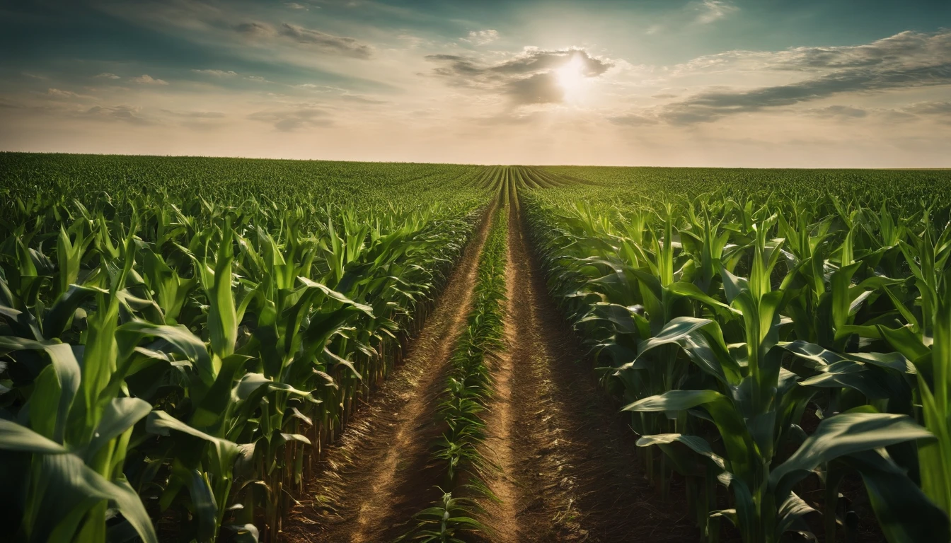 a wide-angle shot of a vast cornfield, showcasing the rows of tall, vibrant green stalks as they stretch into the distance