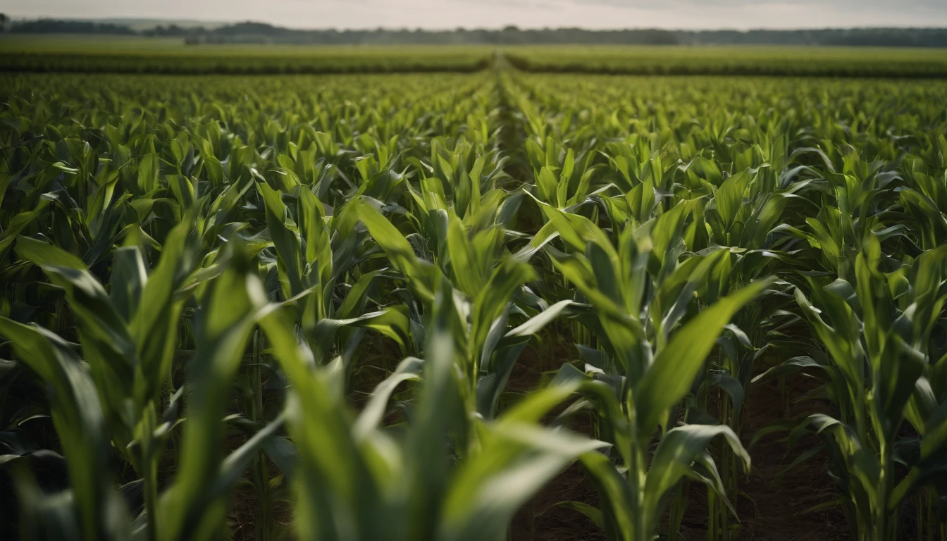 a wide-angle shot of a vast cornfield, showcasing the rows of tall, vibrant green stalks as they stretch into the distance
