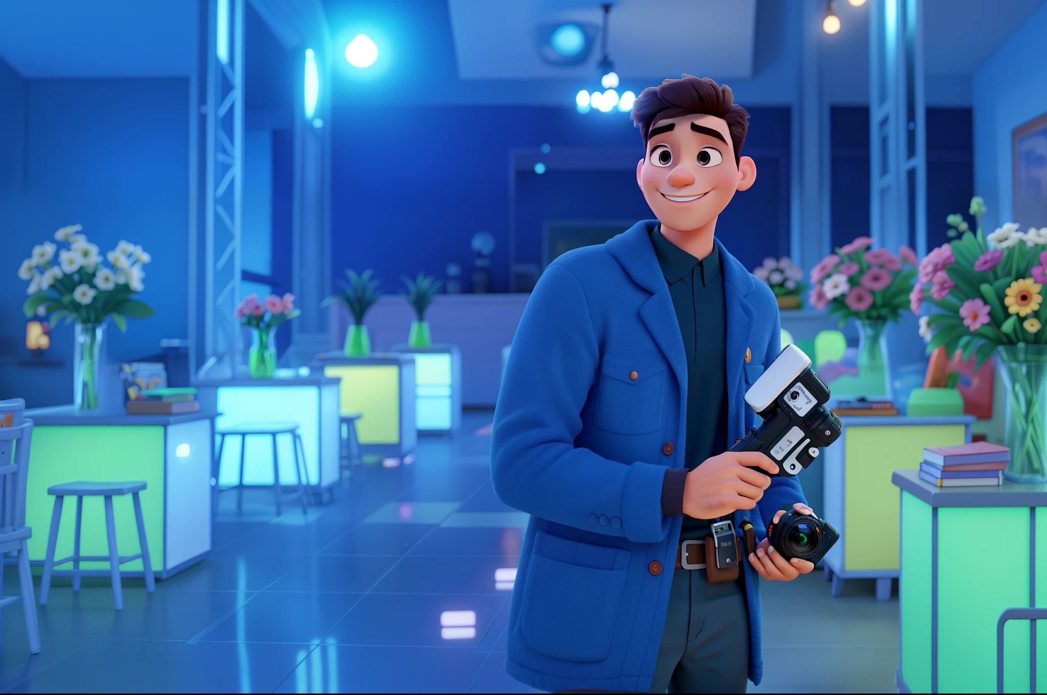a man with a camera in his hand disney pixar style, alta qualidade, melhor qualidade