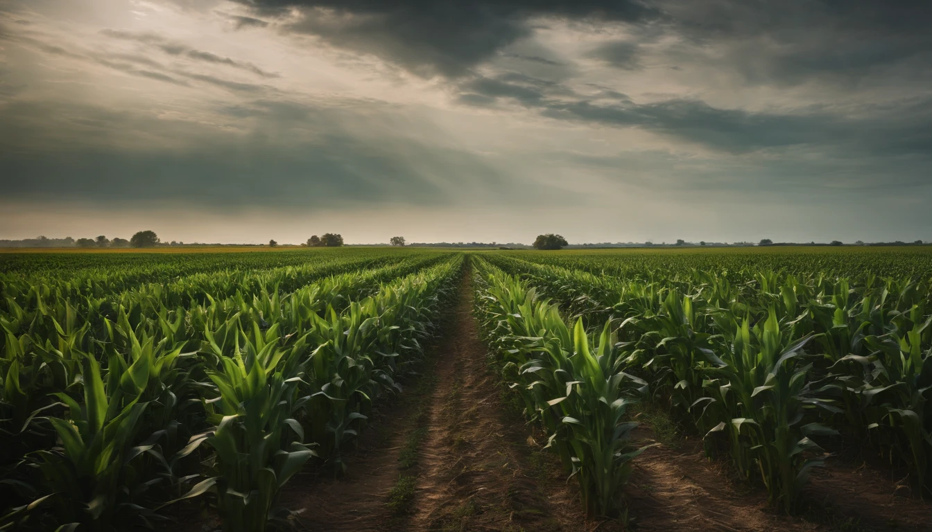 a wide-angle shot of a vast cornfield, showcasing the rows of tall, vibrant green stalks as they stretch into the distance