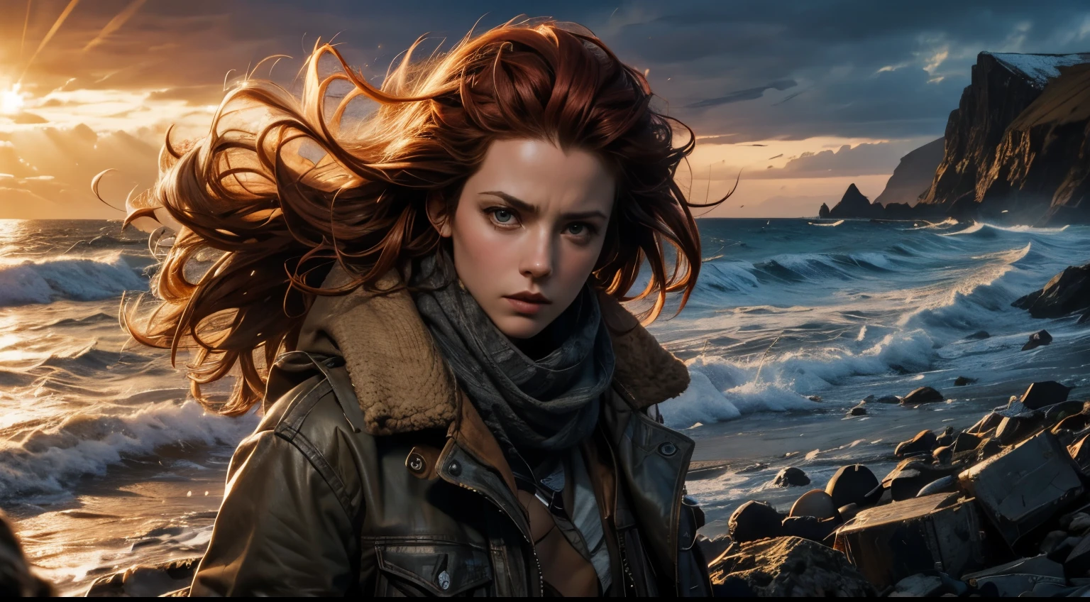Photorealistic, book cover mockup, dramatic lighting, close-up of Amy Manson on right hand side, scruffy canvas jacket and jeans, keffiyeh, belt with gun holster, long curly red hair, fierce expression, snow, beach on remote Scottish island, wrecked fishing boat, at sunset