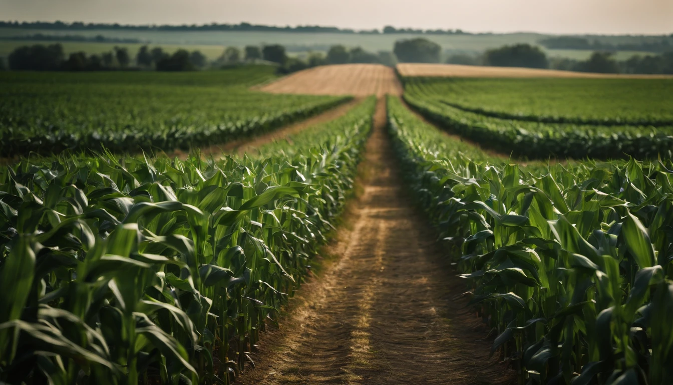 a wide-angle shot of a vast cornfield, showcasing the rows of tall, vibrant green stalks as they stretch into the distance