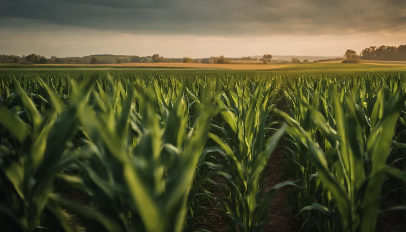 a wide-angle shot of a vast cornfield, showcasing the rows of tall, vibrant green stalks as they stretch into the distance