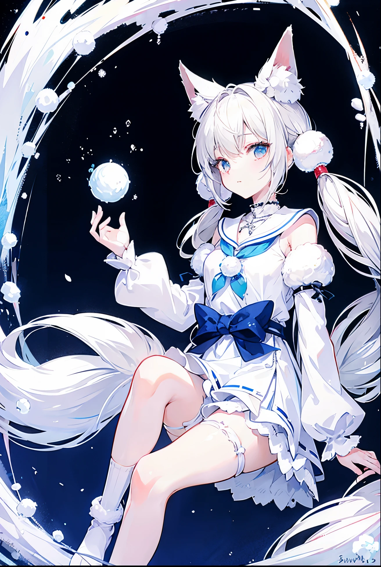 Snowball twintails,White skin of the,ccurateblack hair,With silver necklace,Over-the-knee white socks,Shirayuki's fox earox tails,Very delicate JK clothing