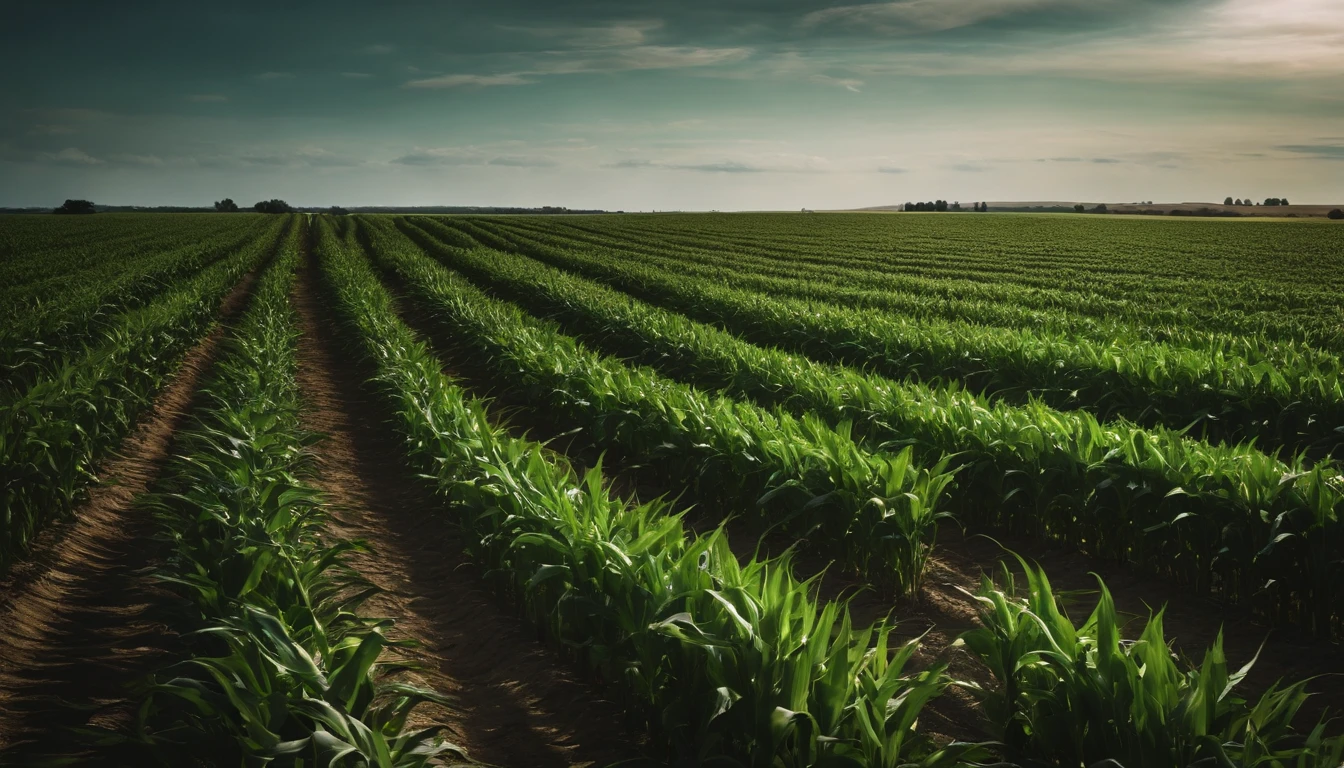 a wide-angle shot of a vast cornfield, showcasing the rows of tall, vibrant green stalks as they stretch into the distance