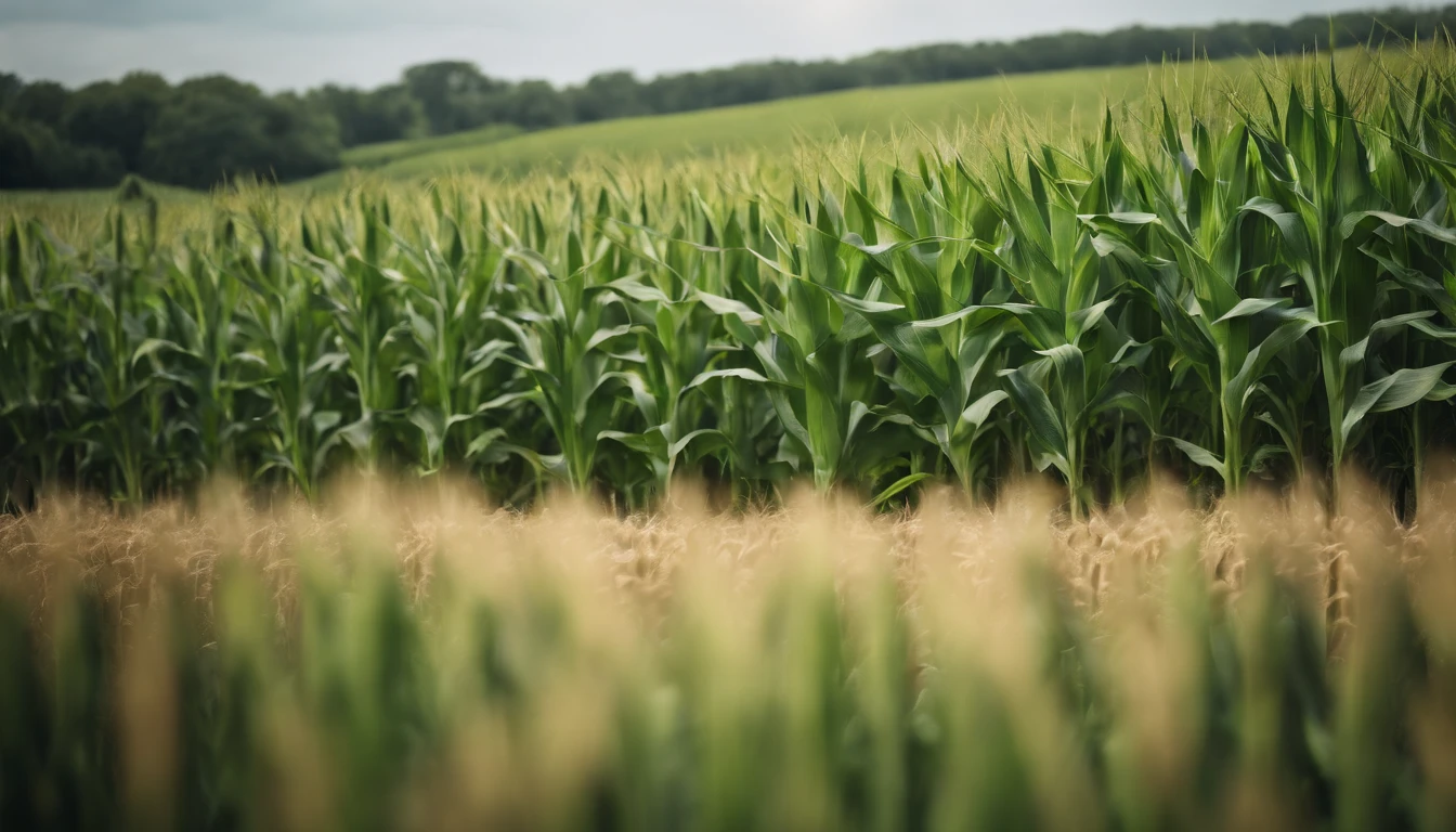 a wide-angle shot of a vast cornfield, showcasing the rows of tall, vibrant green stalks as they stretch into the distance