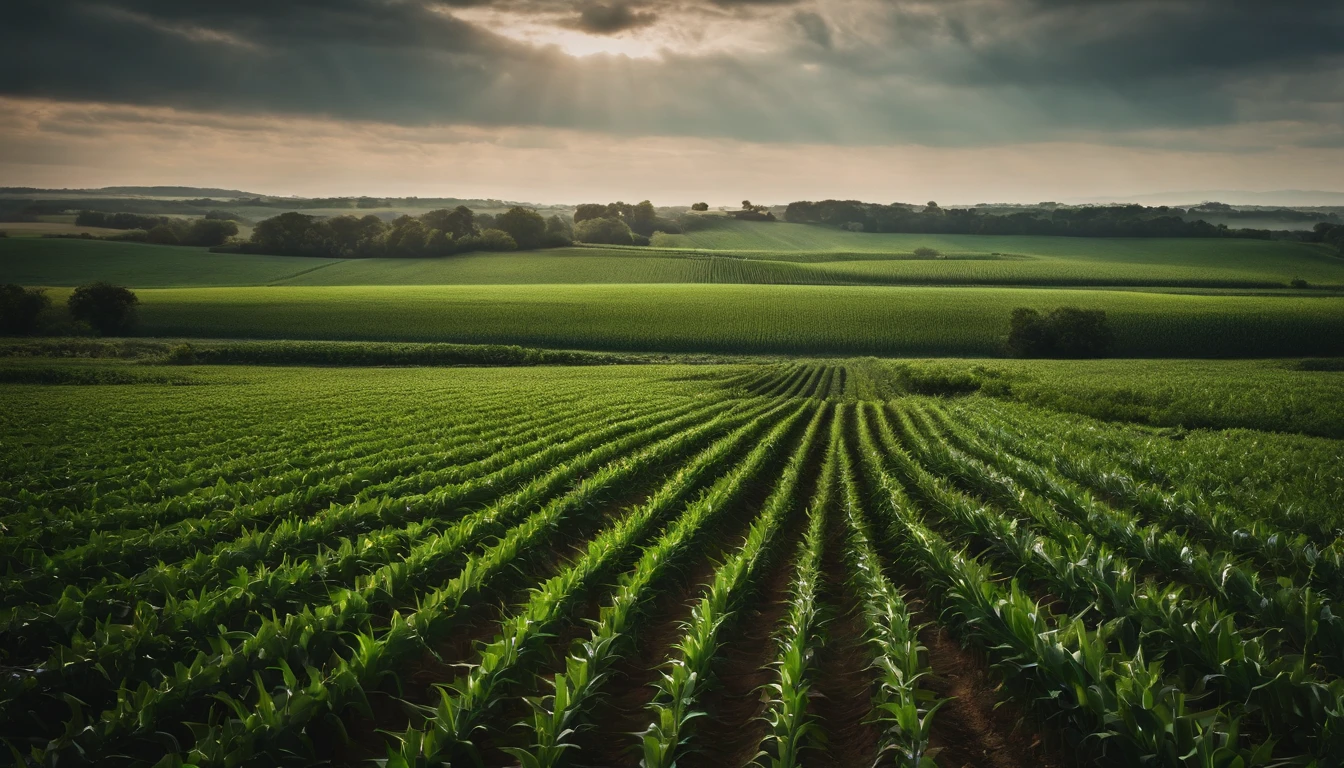 a wide-angle shot of a vast cornfield, showcasing the rows of tall, vibrant green stalks as they stretch into the distance