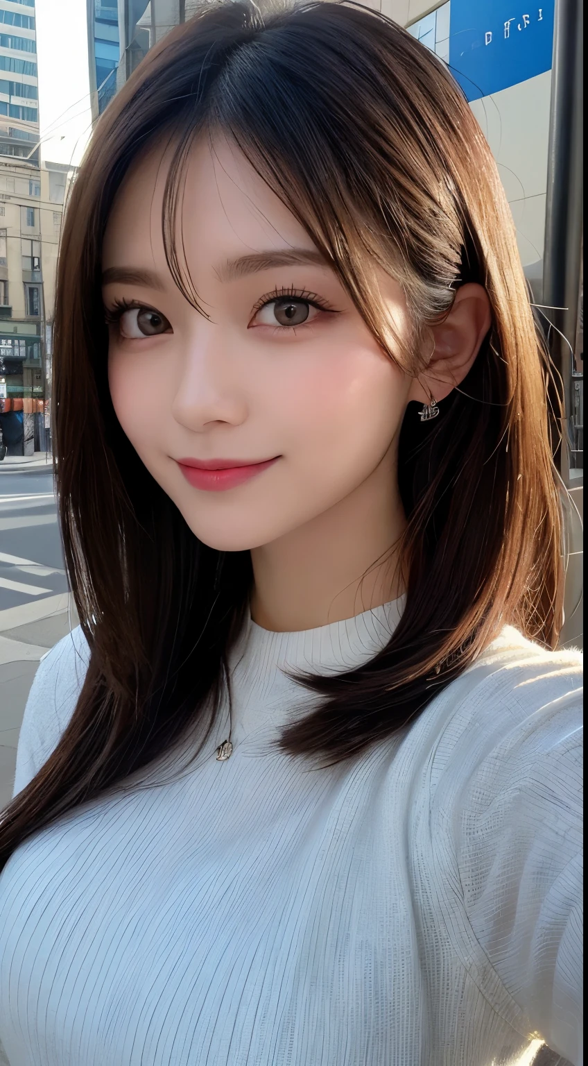 masutepiece, Best Quality, Illustration, Ultra-detailed, finely detail, hight resolution, 8K Wallpaper, Perfect dynamic composition, Beautiful detailed eyes, Winter dress,Medium Hair, Small breasts, Natural Color Lip, Random and sexy poses,Smile,Big city、20 years girl、Midnight、beautifull detailed face、Perfect and beautiful face,Big eyes