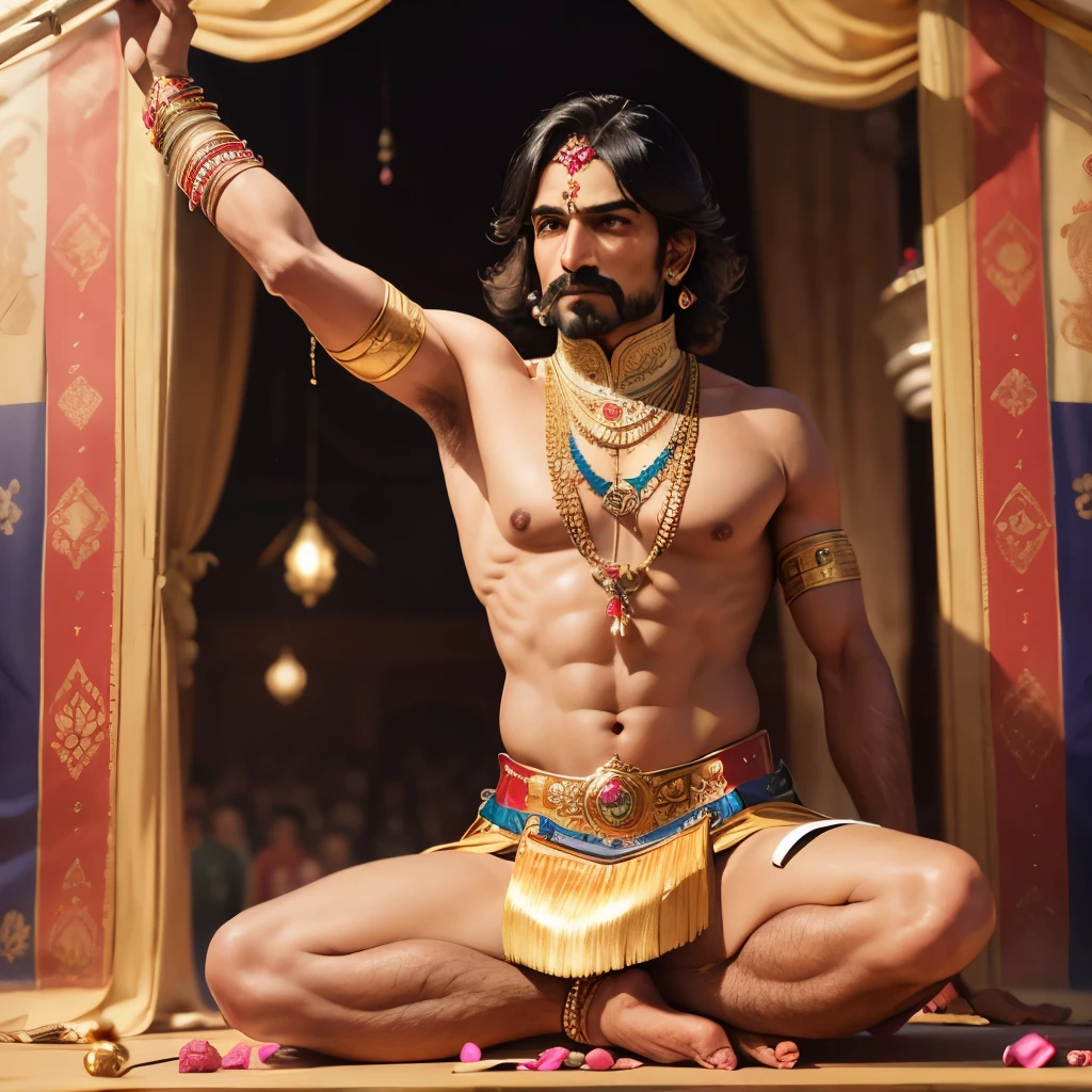 Indian ruler maharajah, gymnastic track, precious fabrics, precious gems, jewelry, elephant, women's feathers, nobleman