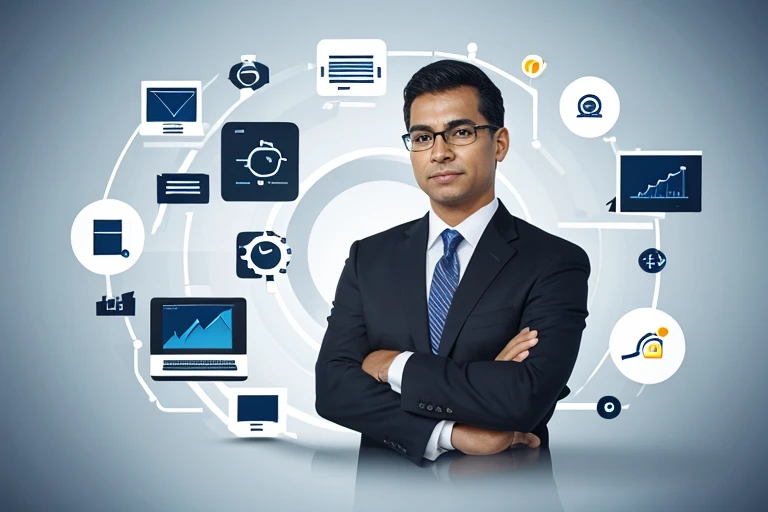 businessman, usando, tech, dispositivos, e, Icons, linha fina, interface