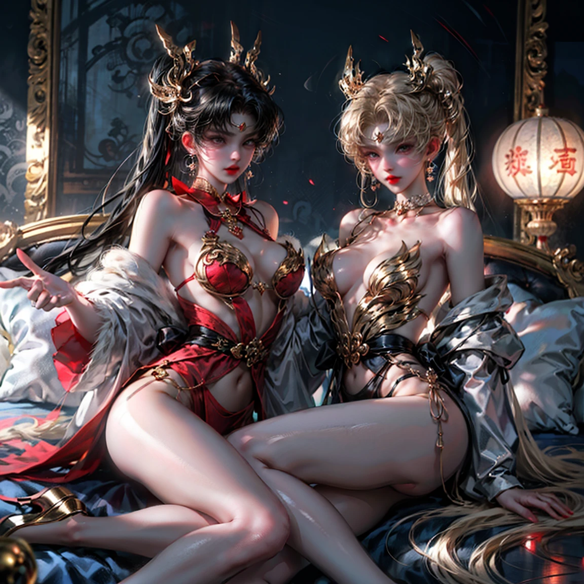 Two girls having close contact, 性感's, cropped shoulders, 性感's pose, window, 后窗's光线是背光's, (rim-light), 深刻's理解, lust, 's, Very shy, ( Reflector light), long leg breasts), 纤细's腰身, 完美's身材, 完美's手, 金色's头发, purity, Red belt, jewely, choker necklace, ear nipple ring, tiara crown, bookshelves, teapot, low light photography, Two girls having close contact, 两个美丽's白人女孩's特写镜头, 两具完整's女性身体, Complete two female bodies, crotch chuck, big chest and thin waist: 1.8, Glow skin, Hardly any clothes, Lop, 漂亮's脸, sexually arousing, sexual expressio, Hazy beauty, Camel toes, 解剖学上正确's, big chest and thin waist: 1.8,  Full body lesbian, 纤细's腿和腰，Focus sharp，Bones are straight&#39;Ace Focus，正确's身体解剖结构，完美's解刨学, Golden decoration, solid black background: 0.7, loong pattern, fenghuang, big chest and thin waist，high-heels，优雅's，Complete body，bare-legged，Glow skin，有着闪亮's银发，including legs and feet，King size，迷人's眼睛，Slim abs：1.6，Bones are straight's，Decorative style，