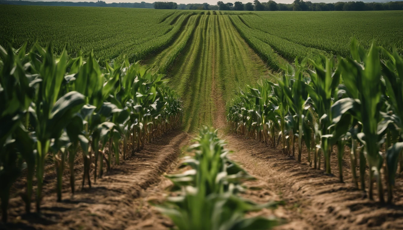 a wide-angle shot of a vast cornfield, showcasing the rows of tall, vibrant green stalks as they stretch into the distance