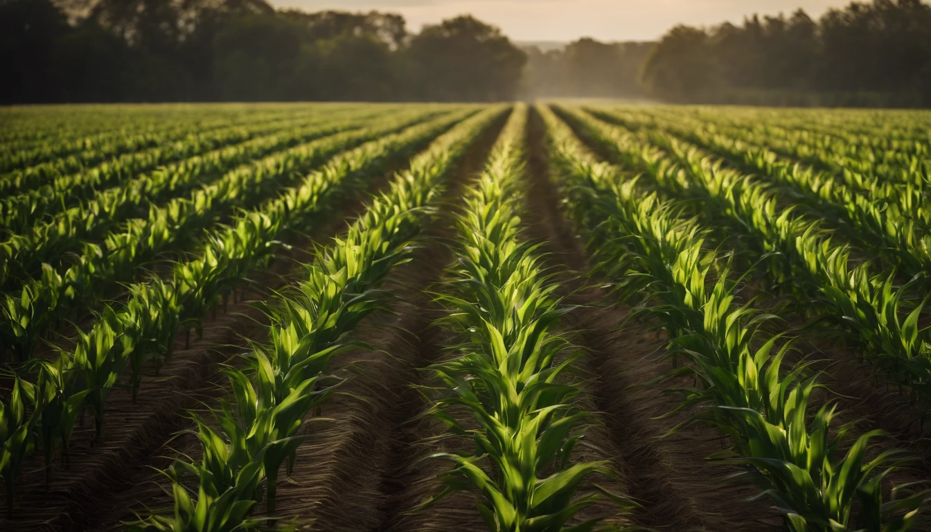 a wide-angle shot of a vast cornfield, showcasing the rows of tall, vibrant green stalks as they stretch into the distance