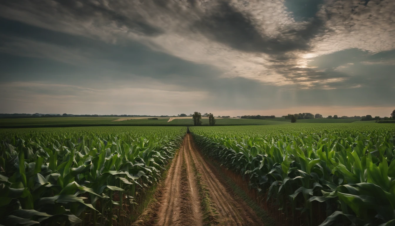 a wide-angle shot of a vast cornfield, showcasing the rows of tall, vibrant green stalks as they stretch into the distance