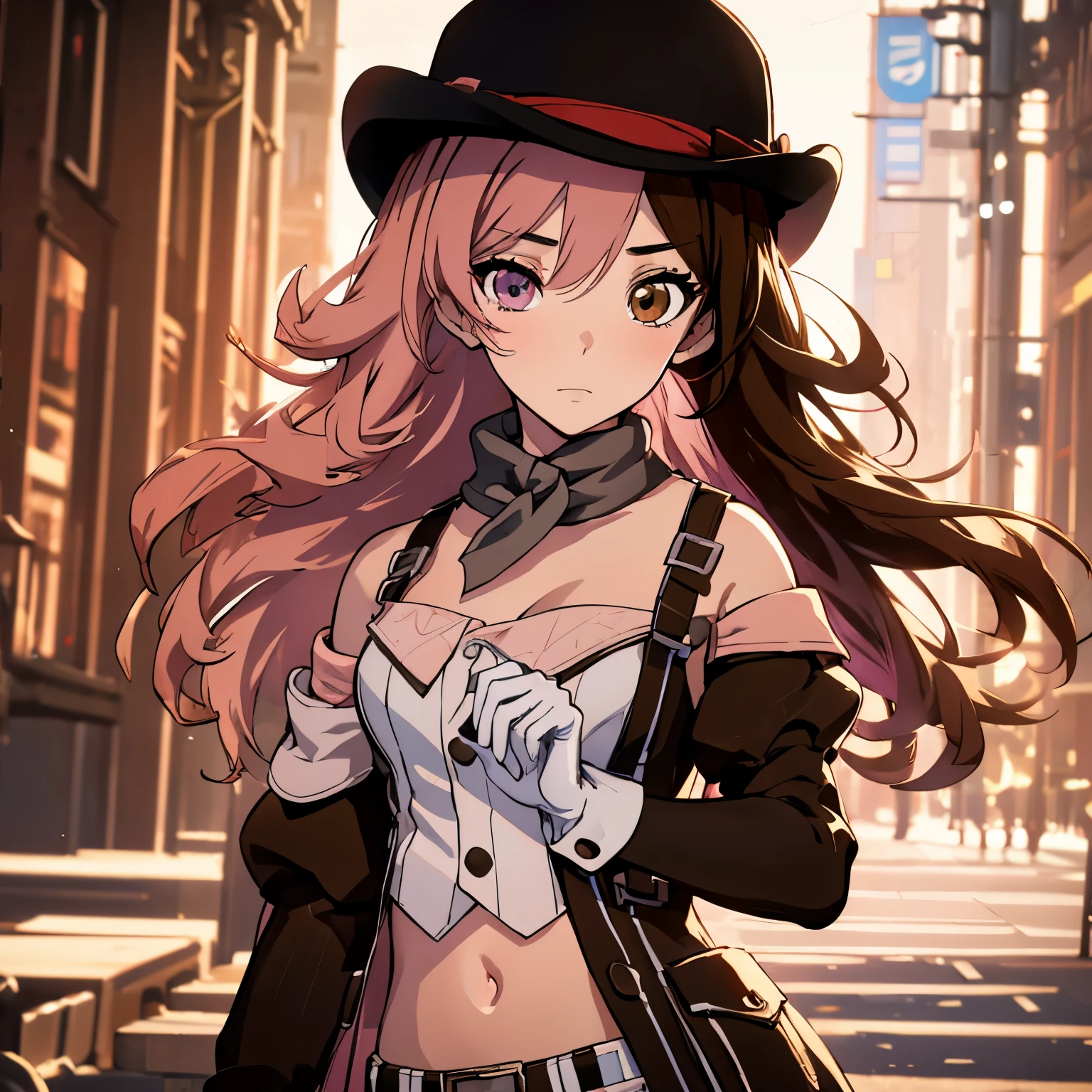 neopolitan, neopolitan, Long hair, Brown hair, (Brown eyes:1.3), Pink hair, multicolored hair, Pink eyes, Two-tone hair, (Heterochromia:1.2), split-colored hair, BREAK gloves, hat, Navel, Brown eyes, Detached sleeves, Midriff, Belt bag, Pants, White Gloves, black headwear, Bowler has, BREAK outdoors, BREAK looking at viewer, (Cowboy Shot:1.5), BREAK (masutepiece:1.2), Best Quality, High resolution, Unity 8k壁纸, (Illustration:0.8), (Beautiful detailed eyes:1.6), extra detailed face, Perfect Lighting, extremely details CG, (Perfect hands, Perfect Anatomy),