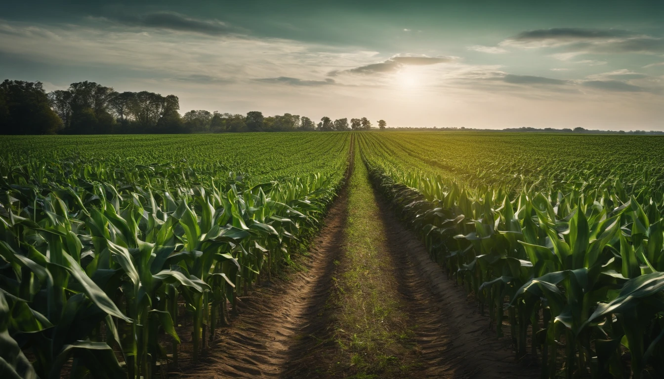 a wide-angle shot of a vast cornfield, showcasing the rows of tall, vibrant green stalks as they stretch into the distance