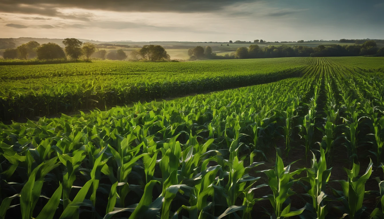 a wide-angle shot of a vast cornfield, showcasing the rows of tall, vibrant green stalks as they stretch into the distance
