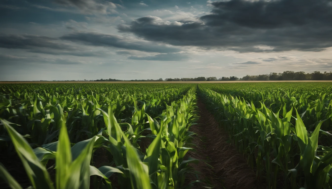 a wide-angle shot of a vast cornfield, showcasing the rows of tall, vibrant green stalks as they stretch into the distance
