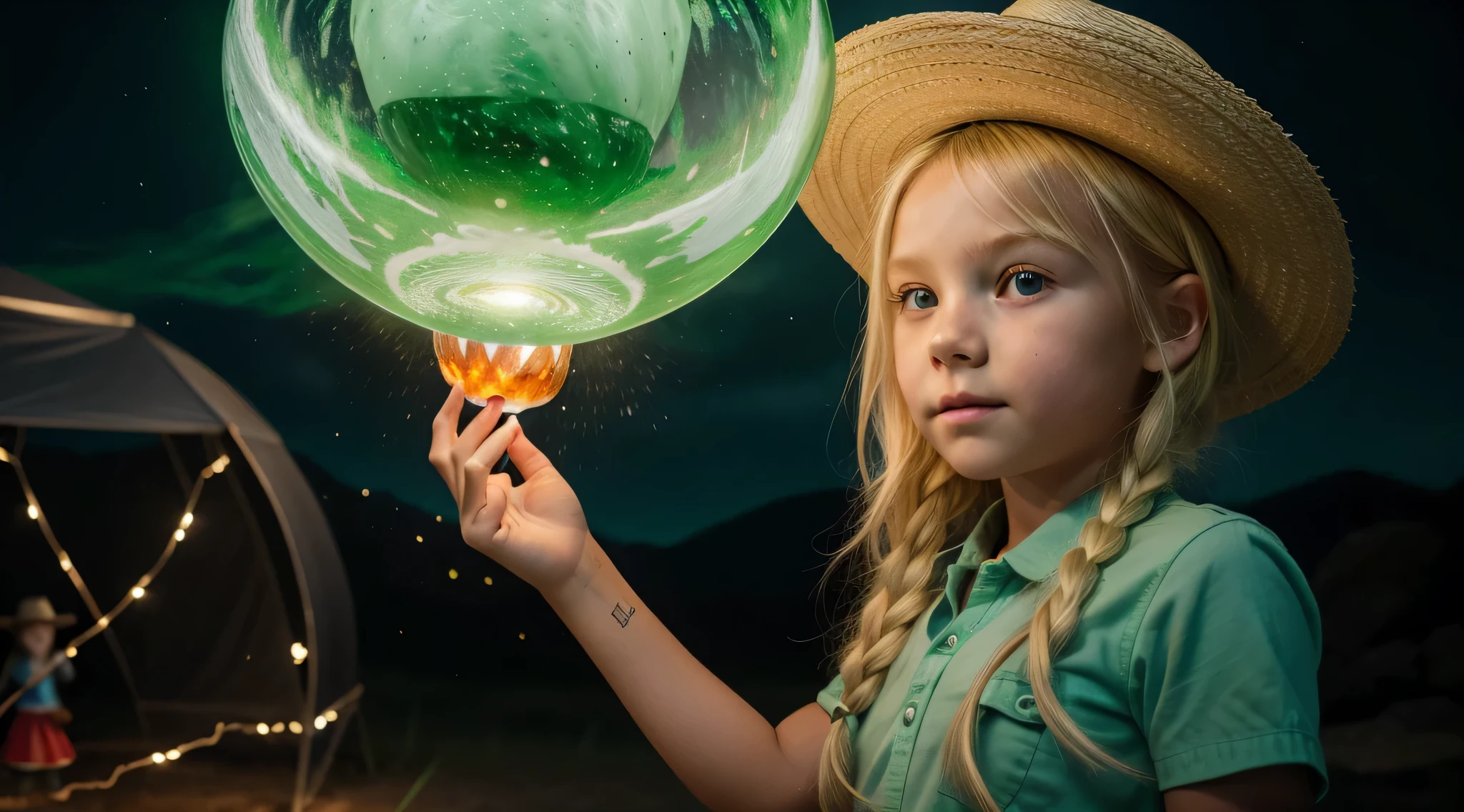 KIDS blonde girl in a cowboy hat holding a green light and a fire lantern, segurando uma lanterna, Um fogo verde e laranja gira em torno de uma pedra verde, frozen magic phoenix egg, liquid fire, arte renderizada, iridescence water elemental, glowing magma sphere, fogo elementar,