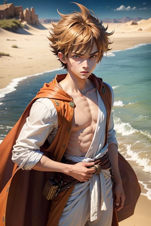 A highly detailed photograph of a white 15 years old, brown eyes, goku aesthetic style, multicolor hairstyle like goku, clean face without imperfections, looking front to camera, skinny body, dressed as a wizard king, colours red and gold, handsome, atractive, with mischievous look, serious expression, in a beautifil place of dunes, beautiful illumination. hyperrealistic, hyperdetailed, 4k,