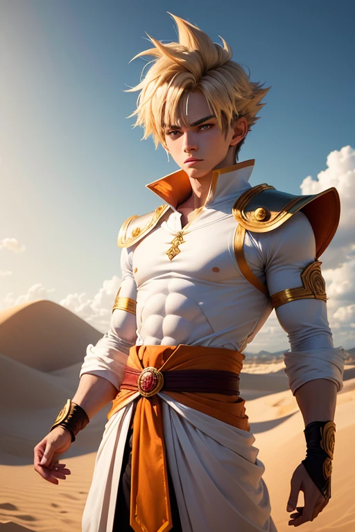 A highly detailed photograph of a white 15 years old, brown eyes, goku aesthetic style, multicolor hairstyle like goku, clean face without imperfections, looking front to camera, skinny body, dressed as a wizard king, colours red and gold, handsome, atractive, with mischievous look, serious expression, in a beautifil place of dunes, beautiful illumination. hyperrealistic, hyperdetailed, 4k,