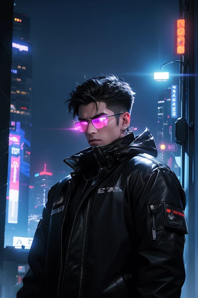 (best quality,4k,8k,highres,masterpiece:1.2),ultra-detailed,(realistic,photorealistic,photo-realistic:1.37),a boy with cyberpunk style wearing futuristic headphones,silver bionic implants,glowing neon cybernetic tattoos,holographic digital display surrounding him,immersed in a high-tech cityscape at night,engrossed in music,synthetic neon lights reflecting off his sunglasses,gritty urban environment with towering skyscrapers and flying vehicles in the background,vivid colors and high contrast,city illuminated with vibrant shades of electric blue and neon purple,smoke and fog filling the air,creating an atmospheric and mysterious ambiance,accentuated with lens flares and light rays,creating a dramatic lighting effect,pulsating energy in the air.