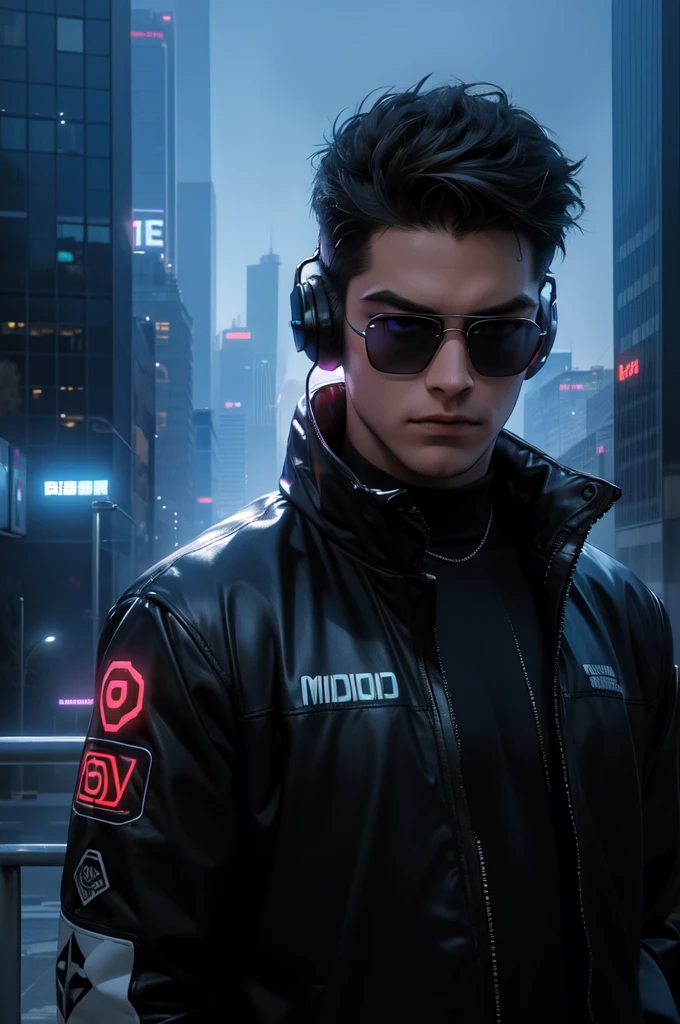 (best quality,4k,8k,highres,masterpiece:1.2),ultra-detailed,(realistic,photorealistic,photo-realistic:1.37),a boy with cyberpunk style wearing futuristic headphones,silver bionic implants,glowing neon cybernetic tattoos,holographic digital display surrounding him,immersed in a high-tech cityscape at night,engrossed in music,synthetic neon lights reflecting off his sunglasses,gritty urban environment with towering skyscrapers and flying vehicles in the background,vivid colors and high contrast,city illuminated with vibrant shades of electric blue and neon purple,smoke and fog filling the air,creating an atmospheric and mysterious ambiance,accentuated with lens flares and light rays,creating a dramatic lighting effect,pulsating energy in the air.