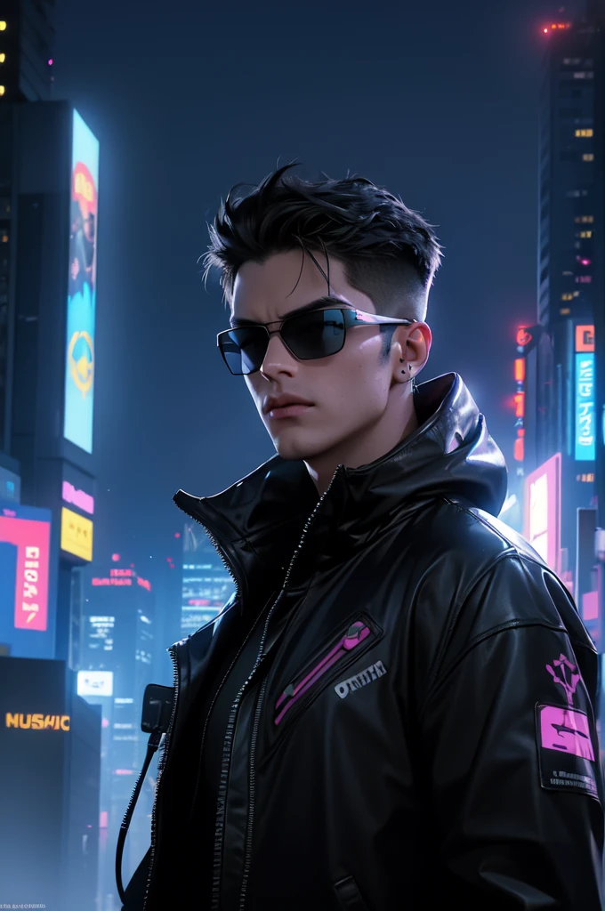 (best quality,4k,8k,highres,masterpiece:1.2),ultra-detailed,(realistic,photorealistic,photo-realistic:1.37),a boy with cyberpunk style wearing futuristic headphones,silver bionic implants,glowing neon cybernetic tattoos,holographic digital display surrounding him,immersed in a high-tech cityscape at night,engrossed in music,synthetic neon lights reflecting off his sunglasses,gritty urban environment with towering skyscrapers and flying vehicles in the background,vivid colors and high contrast,city illuminated with vibrant shades of electric blue and neon purple,smoke and fog filling the air,creating an atmospheric and mysterious ambiance,accentuated with lens flares and light rays,creating a dramatic lighting effect,pulsating energy in the air.