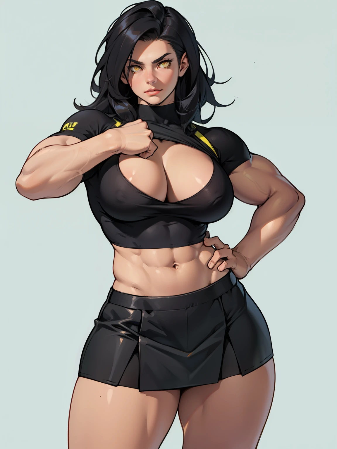 girl solo standing muscular girl toned body large breasts thick yellow eyes black hair pale skin perfect anatomy perfect anatomy perfect anatomy muscular girl toned body large breasts thick muscular girl toned body large breasts tight shirt knee-lenght skirt cleavage skirt