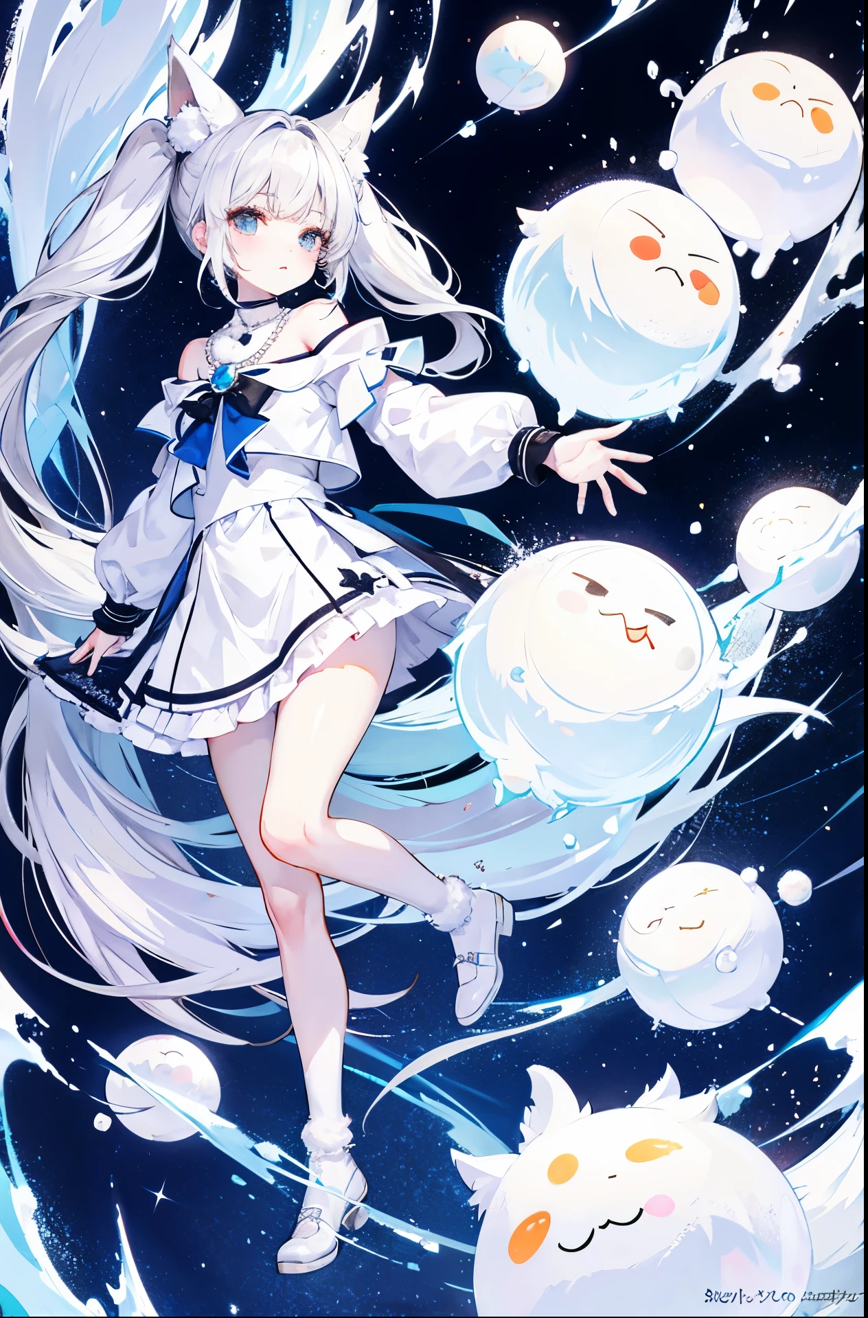 Snowball twintails,White skin of the,ccurateblack hair,With silver necklace,Over-the-knee white socks,Shirayuki's fox earox tails,Very delicate JK clothing