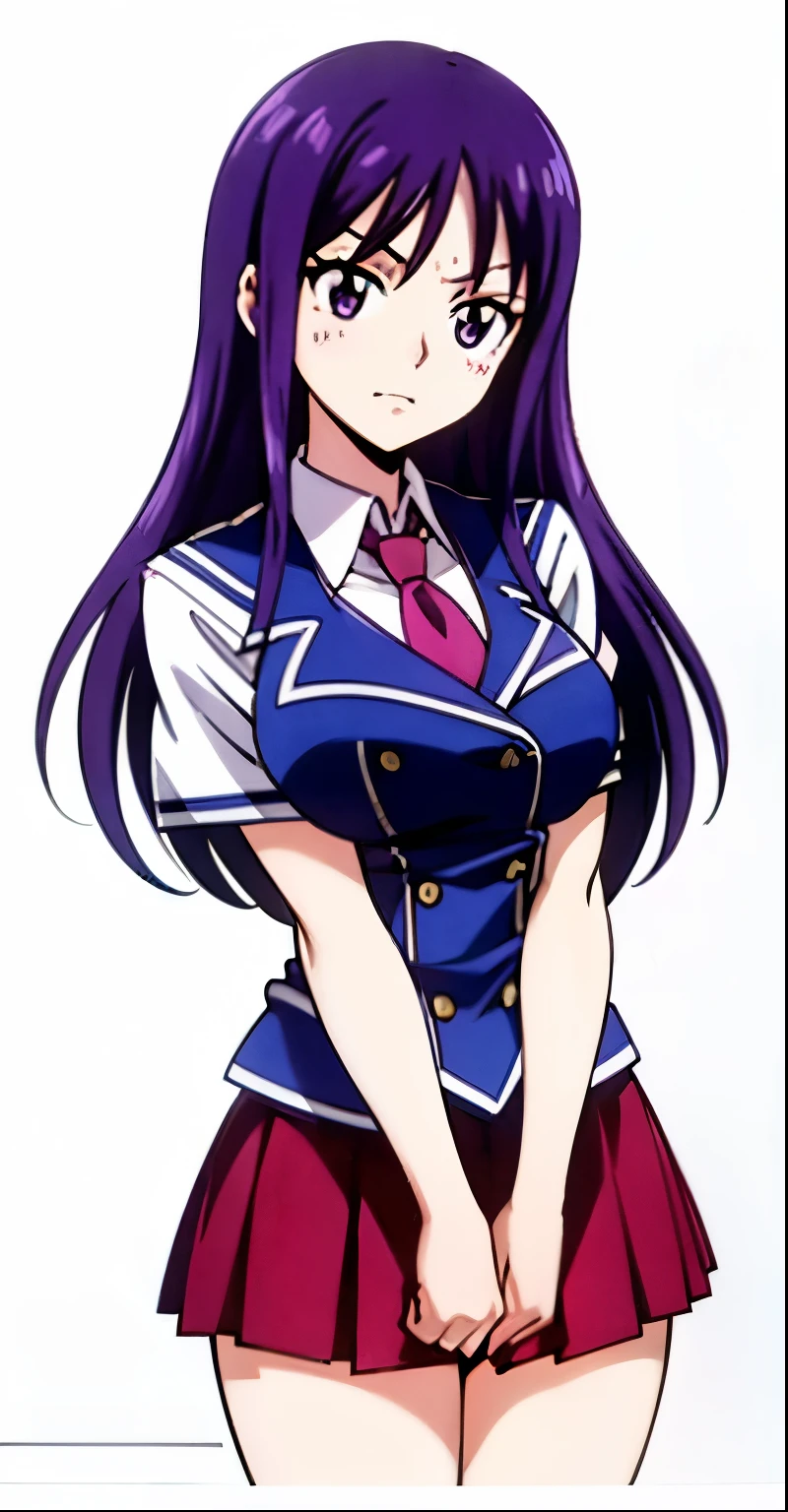 purple hair, long straight hair, purple eyes, shy, hair ribbon, delicate features, flower aesthetic, girl-next-door, class , teachers pet, school girl, school girl uniform, blue blazer, white shirt, red tie, red skirt, cute, 2000s (style), lucy heartfilia face, facial features