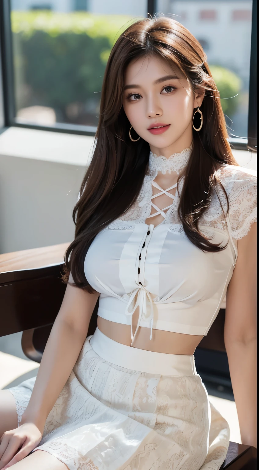 8K, tmasterpiece, RAW photos, Best quality, realistically, extremely detaild的 CG unified 8k wallpapers, depth of fields, 电影灯光, lens flare glow, ray traycing, (Extremely beautiful face, beautifullips, pretty eyes), complex and detailed face, ((Ultra-delicate skin)) 1 girl, in the darkness natta, Depth shadows, Beautiful Asian Girls, idoly, 1 girl, (Very slim slender fit-muscled body:1.3), ((looking at viewert)),(Hefty Smile:1.3), (Tight lace-up shirt), ((White color blouse)), (short- sleeved) , (city night, natta, (neonlight), (vague background), dim dim lights, looking over city, the roof, Beautiful earrings, bangle, choker necklace, lace hose, Clear eyes, (pale-skinned), (Big eyes looking forward to it, ((upper body shot)), (silk red skirt), (Brown hair),((Lace skirt)), (looking at viewert:1.3), awas, (Very slim), Mid-cut tie)), curlies, mini-skirts, Short hair details, sitting down, high-heels, Lace-up stockings, in a panoramic view, on a chair, coffee information