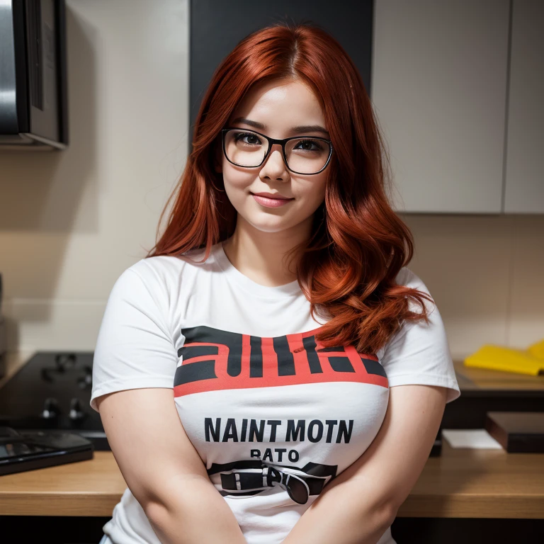Generate images of a female character, aged 19 to 23, with a slightly overweight build, wearing rectangular glasses and a red hair AI-related stamped shirt/top. Ensure she displays expressions of excitement, surprise, and curiosity while maintaining a relatable, youthful, tech-savvy, and approachable appearance. Capture the ideal qualities for a dynamic and engaging female narrator avatar with a body type that reflects diversity and inclusivity, a bit over weight, in AI-related YouTube content.