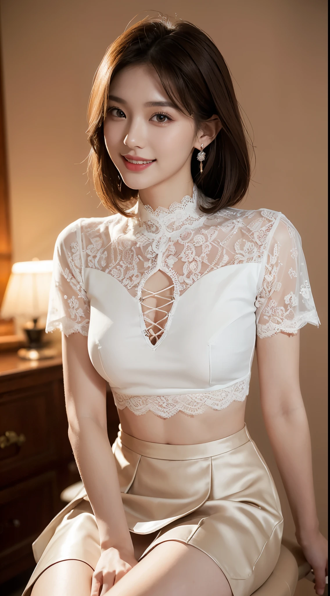 8K, tmasterpiece, RAW photos, Best quality, realistically, extremely detaild的 CG unified 8k wallpapers, depth of fields, 电影灯光, lens flare glow, ray traycing, (Extremely beautiful face, beautifullips, pretty eyes), complex and detailed face, ((Ultra-delicate skin)) 1 girl, in the darkness natta, Depth shadows, Beautiful Asian Girls, idoly, 1 girl, (Very slim slender fit-muscled body:1.3), ((looking at viewert)),(Hefty Smile:1.3), (Tight lace-up shirt), ((White color blouse)), (short- sleeved) , (city night, natta, (neonlight), (vague background), dim dim lights, looking over city, the roof, Beautiful earrings, bangle, choker necklace, lace hose, Clear eyes, (pale-skinned), (Big eyes looking forward to it, ((upper body shot)), (silk red skirt), (Brown hair),((Lace skirt)), (looking at viewert:1.3), awas, (Very slim), Mid-cut tie)), curlies, mini-skirts, Short hair details, sitting down, high-heels, Lace-up stockings, in a panoramic view, on a chair, coffee information