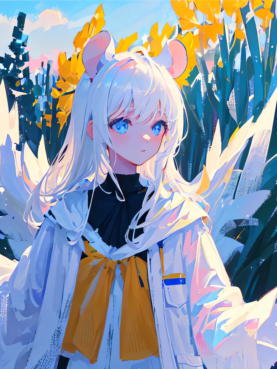 (Best quality at best,4K,8K,A high resolution,tmasterpiece:1.2),ultra - detailed,(actual,photoactual,photo-actual:1.37),Manteau blanc,long flowing white hair,Teenage girl,arknight,Mouse ears,Bright blue eyes,gentlesoftlighting,nature backdrop,breath of the future,Vibrant colors,Focus sharp