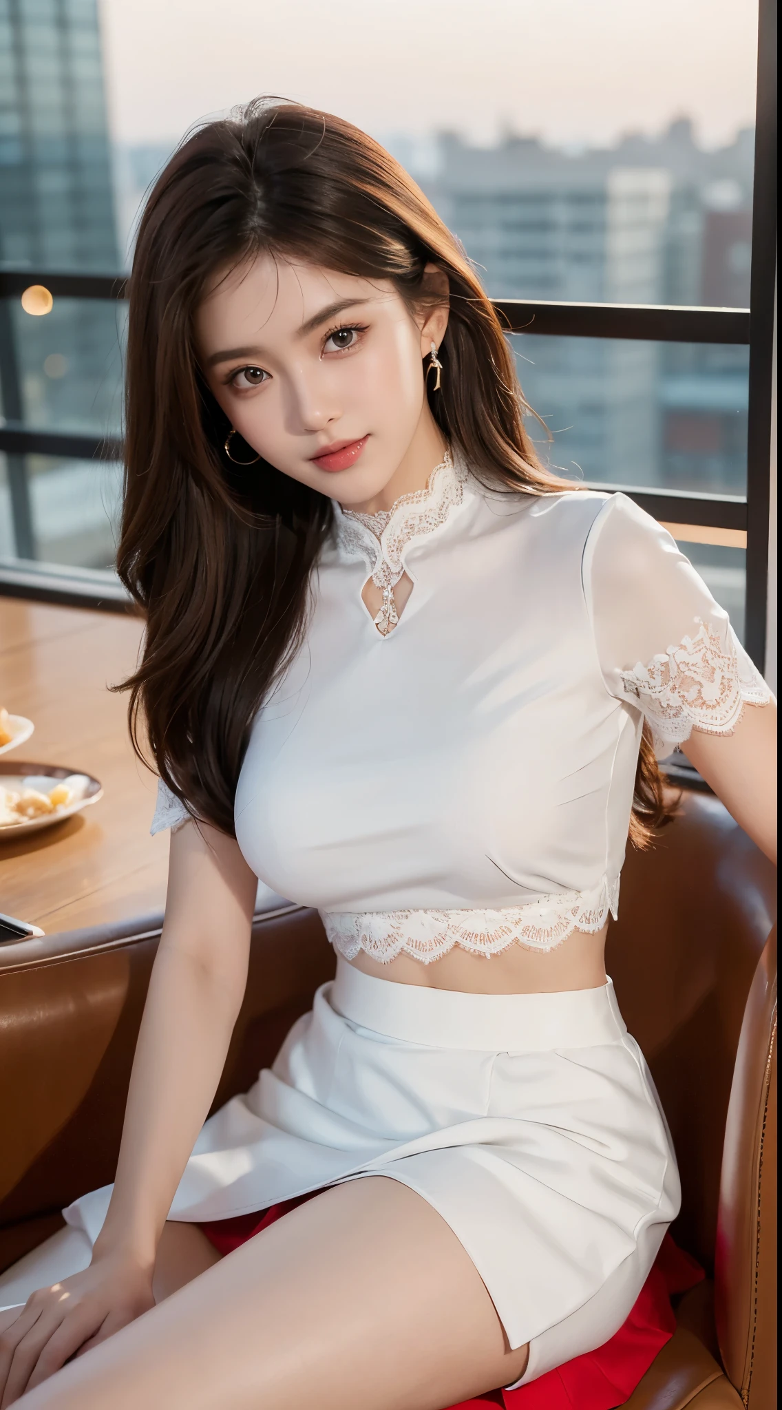 8K, tmasterpiece, RAW photos, Best quality, realistically, extremely detaild的 CG unified 8k wallpapers, depth of fields, 电影灯光, lens flare glow, ray traycing, (Extremely beautiful face, beautifullips, pretty eyes), complex and detailed face, ((Ultra-delicate skin)) 1 girl, in the darkness natta, Depth shadows, Beautiful Asian Girls, idoly, 1 girl, (Very slim slender fit-muscled body:1.3), ((looking at viewert)),(Hefty Smile:1.3), (Tight lace-up shirt), ((White color blouse)), (short- sleeved) , (city night, natta, (neonlight), (vague background), dim dim lights, looking over city, the roof, Beautiful earrings, bangle, choker necklace, lace hose, Clear  eyes, (pale-skinned), (Big eyes looking forward to it, ((upper body shot)), (silk red skirt), (Brown hair),((Lace skirt)), (looking at viewert:1.3), awas, (Very slim), Mid-cut tie)), curlies, mini-skirts, Short hair details, sitting down, high-heels, Lace-up stockings, in a panoramic view, on a chair, coffee information