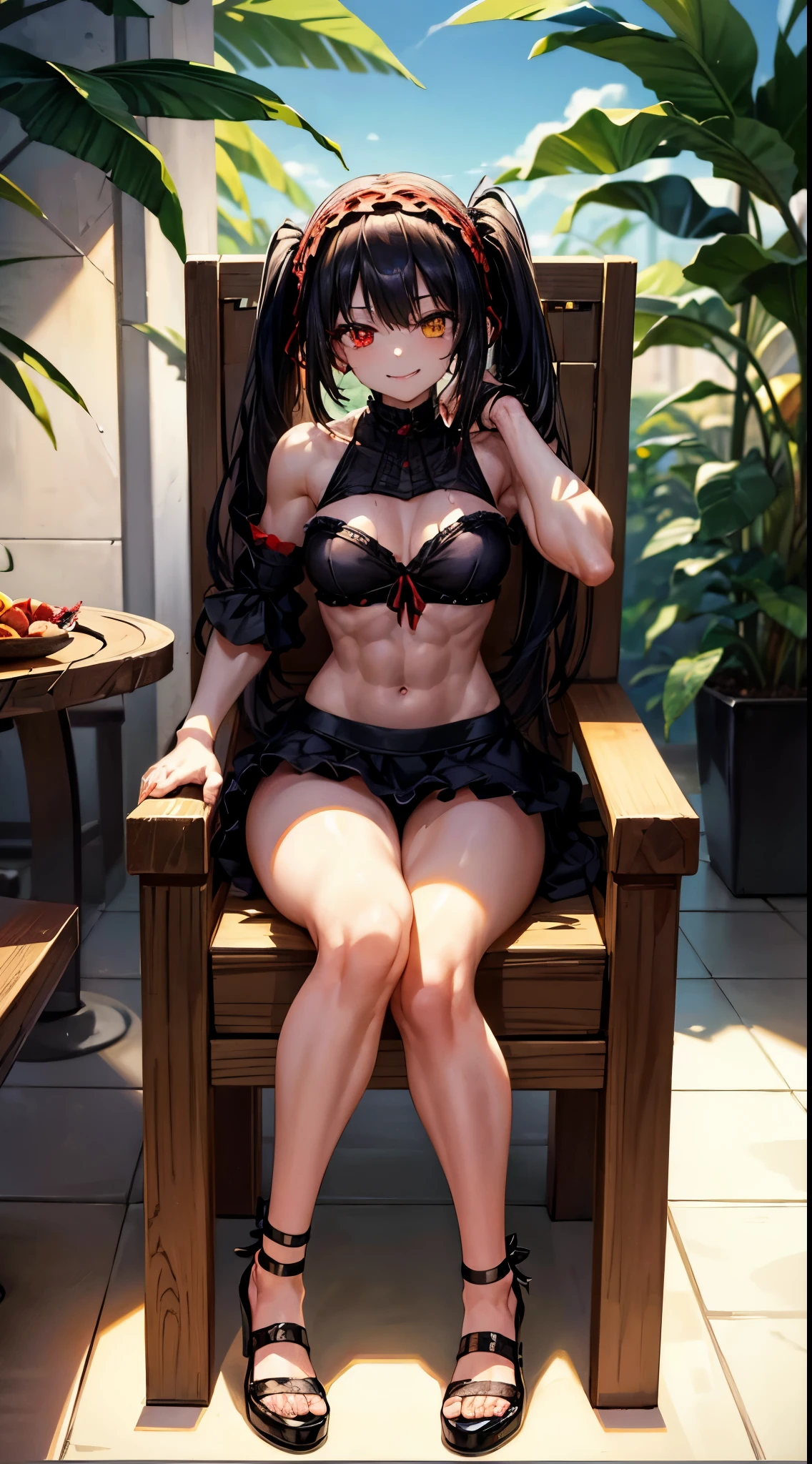 1 girl, bare shoulders, black hair, medium breasts, (muscular legs), (bare legs), white skin, muscular belly, wide hips, thin waist, (((clock eyes))), in the pool with the hot sun , (((sitting on the chair with her legs wide open))), full body, hair band, (((all wet))), heterochromia, black high-heeled shoes, ta hair band, long hair, red eyes , mischievous smile, (sly look), only, symbol-shaped pupils, (Kurumi tokisaki), (twintails), yellow eyes