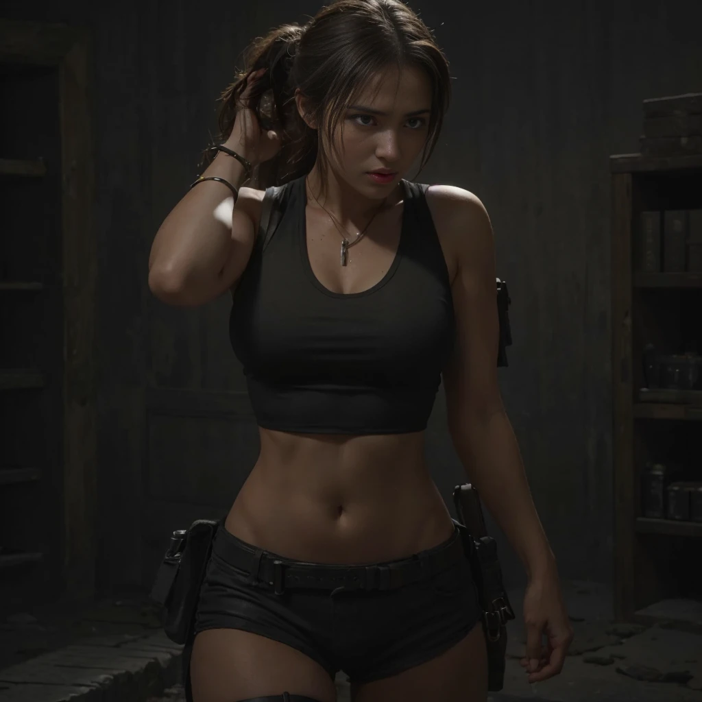 Tifa Lockhart wears dirty clothes and holds a gun to shoot zombies, cinematic lighting, dramatic contrast, hyper-realistic, 8k, ultra-detailed, photorealistic, masterpiece, intricate details, high quality, chiaroscuro, dramatic shadows, soft focus, tender embrace, warm color palette, emotionally evocative, classical composition, oil painting, digital painting