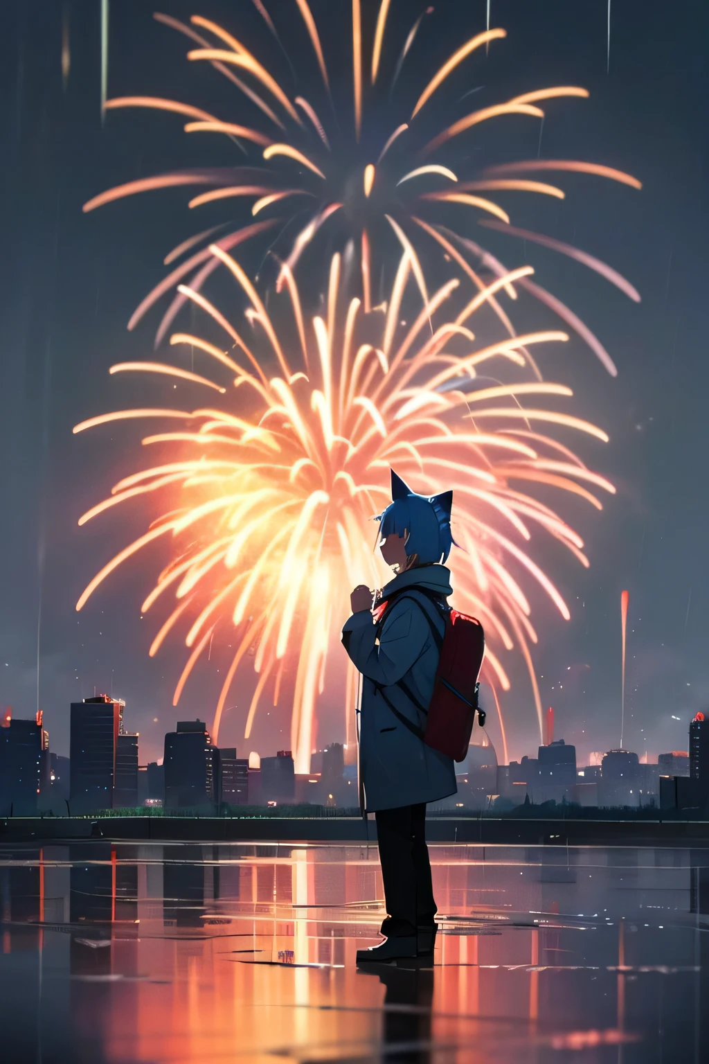 In the rainy night sky、Colorful large fireworks bloom magnificently、Fireworks blast blows away the surrounding rain clouds、Clear the sky。Below that、A person who have a blue hair and cat ears play fireworks, his profile was illuminated by the light of fireworks.、In the background, Cityscape changing from rain to sun.。The spectacle is nostalgic and fantastic