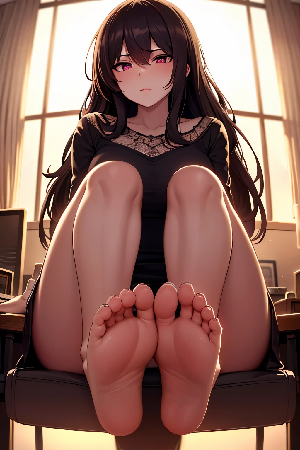 (masterpiece, best quality, ultra-detailed, best shadow), (detailed background), (beautifully detailed face), high contrast, ((cinematic light)), colorful, hyper detail, intricate details, Pixiv Anime Realism Trends, depth of field,

1girl, solo, (ara ara mature femdom look), boss, ceo, goddes presence, demanding look

The expression is domineering and rampant and alluring, (perfect beautiful face), royalty presence, pink eyes, very long hair),

feet, perfect feet. bare legs soles, five toes,

towering over you, sitting on the desk, office