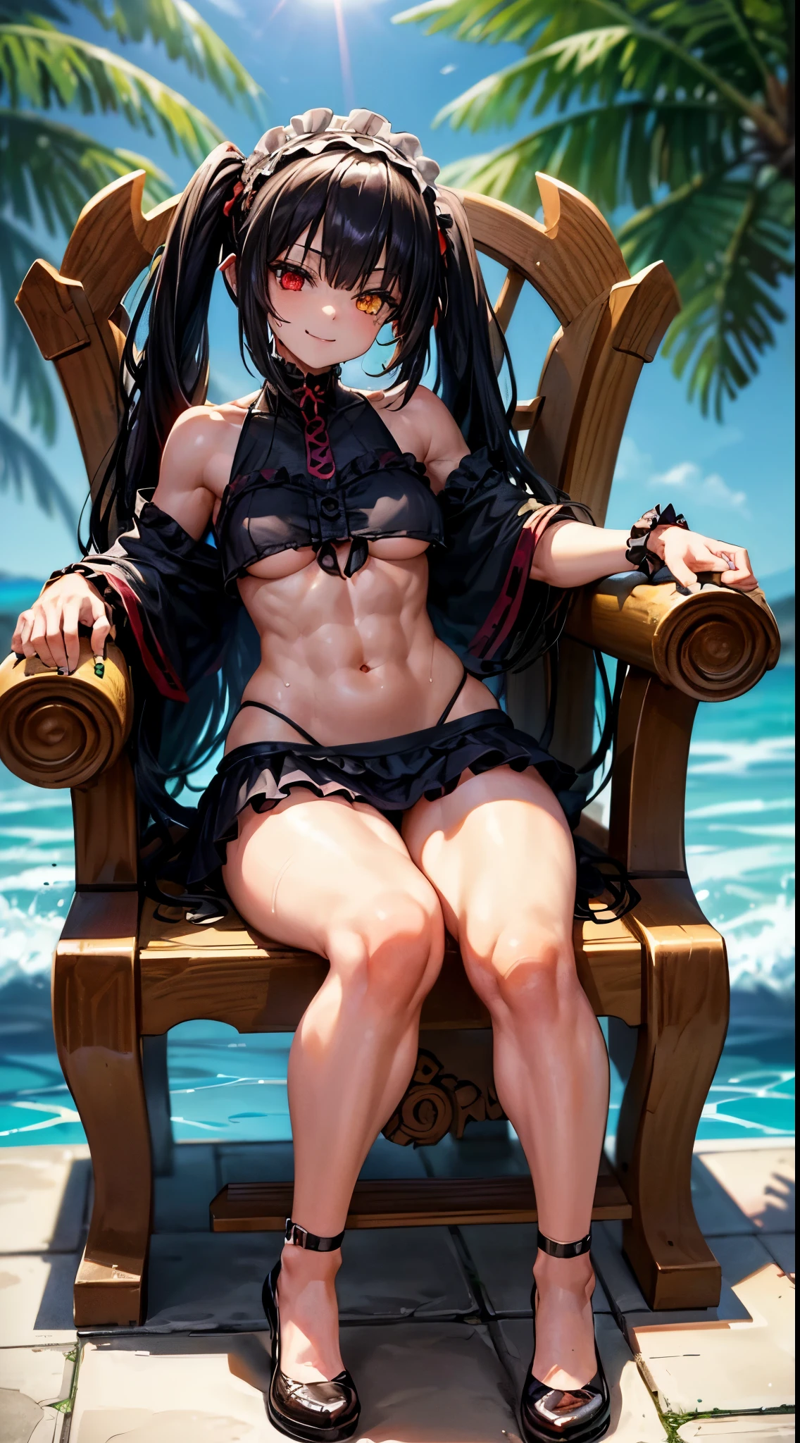 1 girl, bare shoulders, black hair, medium breasts, (muscular legs), (bare legs), white skin, muscular belly, wide hips, thin waist, (((clock eyes))), in the pool with the hot sun , (((sitting on the chair with her legs wide open))), full body, hair band, (((all wet))), heterochromia, black high-heeled shoes, lolita hair band, long hair, red eyes , mischievous smile, (sly look), only, symbol-shaped pupils, (Kurumi tokisaki), (twintails), yellow eyes